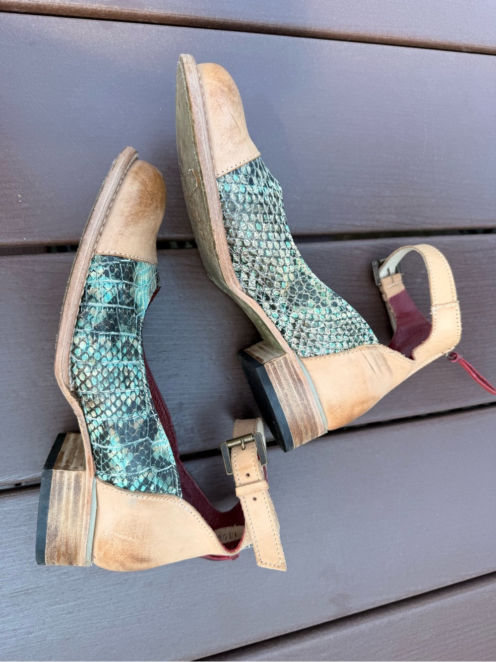 Freebird by Steven Tan Leather & Teal Snake-Print Ankle Strap Heels “Marilyn” - Picture 3 of 5